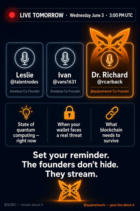 The image features a flyer that talks about Quantum Cryptography, which is related to Twitter discussions like @quip network (#QUBIC). The flyer contains a quote from Dr Richard Carback that reads "The Founders don't hide. They stream." The text is in orange and black colors against a dark background, drawing attention to the information presented on it.
