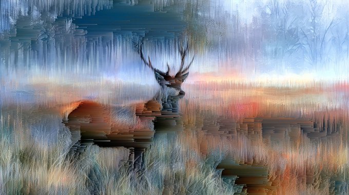 A glitched, vertically smeared image of a stag standing in tall grass at sunset, with distorted horizontal streaks across the frame.