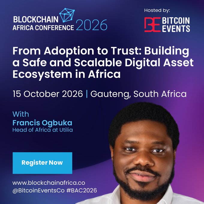 A promotional graphic for the "Blockchain Africa Conference 2026" titled "From Adoption to Trust: Building a Safe and Scalable Digital Asset Ecosystem in Africa," hosted by Bitcoin Events on 15 October 2026 in Gauteng, South Africa, featuring speaker Francis Ogbuka, Head of Africa at Utilia.