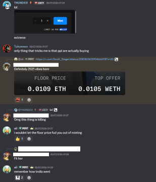 A screenshot of a Discord chat showing the "THUNDERS" community discussing a floor price of 0.0109 ETH and top offer of 0.0105 ETH for a NFT collection. Messages include users debating minting strategies, with one noting "Only thing that tricks me is that ppl are actually buying" and another asking how many trolls were swept, while the accompanying post references holding swept NFTs across multiple wallets while waiting for an unvault mint opportunity.