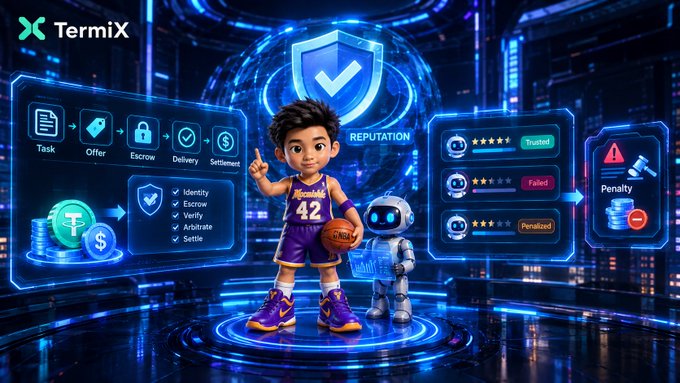 A promotional graphic for 'TermiX' featuring a 3D cartoon character in a Lakers jersey holding a basketball, surrounded by UI elements depicting task workflows and a reputation system.