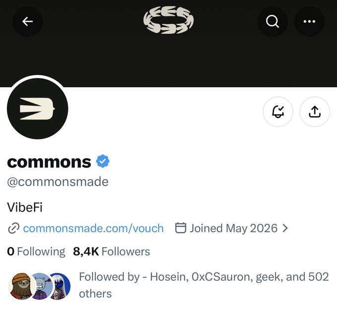A screenshot of the X (Twitter) profile for "commons" (@commonsmade), showing the account has 8.4K followers, joined May 2026, with a bio reading "VibeFi" and a link to commonsmade.com/vouch—related to the post describing the recent launch of Vibefi, a vouch/slash reputation system on Solana.
