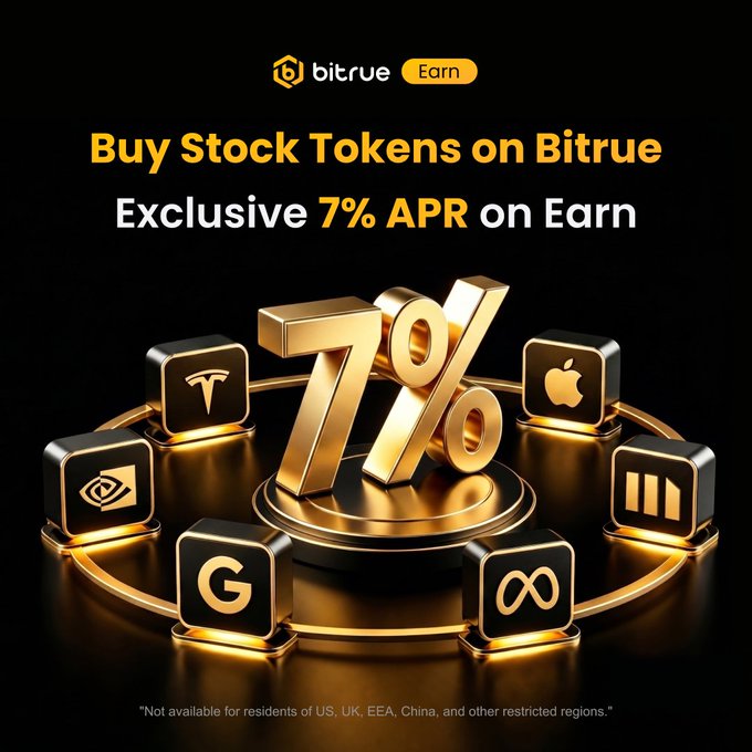 A Bitrue Earn promotional graphic featuring a large golden "7%" surrounded by cubes displaying stock-related icons (Tesla, Apple, NVIDIA, Google, Meta) and logos, with the headline "Buy Stock Tokens on Bitrue – Exclusive 7% APR on Earn," matching the post's offer to earn 7% APR on tokenized stocks like $NVDA, $TSLA, $GOOG, $META, $AAPL, and $AMZN.