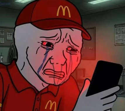 A stylized cartoon image of a crying McDonald's employee with red glowing irises, wearing a headset and holding a black smartphone, with McDonald's logos visible on the cap and shirt.