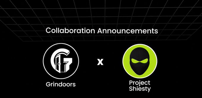 A 'Collaboration Announcements' graphic shows the logos of Grindoors and Project Shiesty separated by an 'X' on a dark background.
