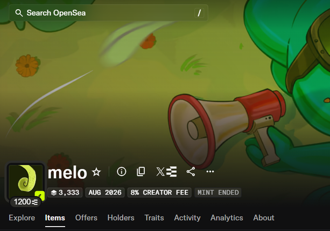 An OpenSea NFT marketplace page for a collection called "melo," showing a mint price of 1200Ξ, 3,333 items, an August 2026 mint date, with cartoon green character artwork in the background.