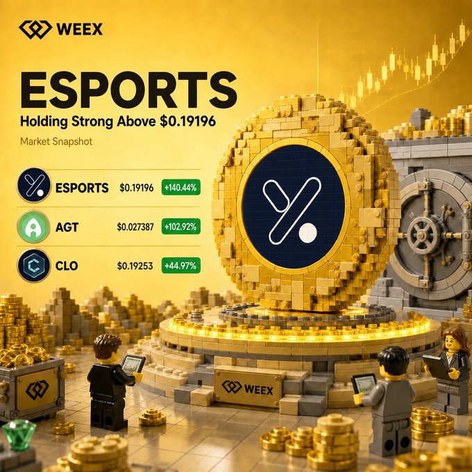 The image shows a cartoon-like scene where people are standing around a yellow brick sculpture that resembles a building with several compartments, surrounded by piles of gold bricks. There are also two people holding a Lego block shaped like a number 1 above the rest. The text on this digital billboard reads "ESports" and "holding strong above $0.1996", which refers to the gold coins or bars in the sculpture. The post indicates that people can comment using their chosen name, but there is no information about what they have said yet.