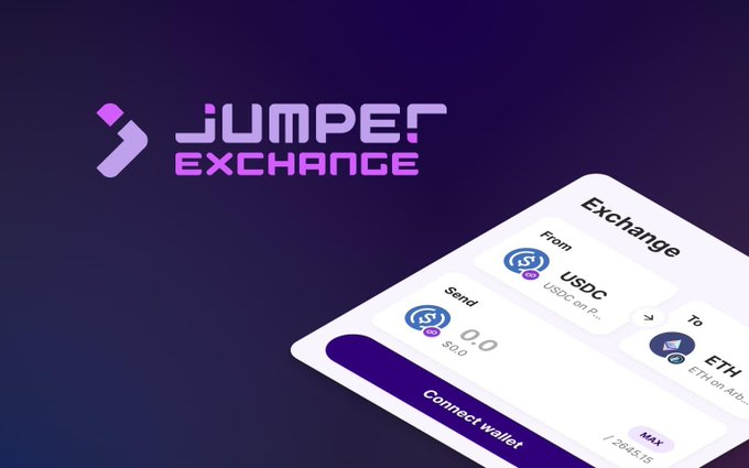 Promotional artwork for Jumper Exchange featuring a stylized interface mockup showing a token swap from USDC on Polygon to ETH on Arbitrum.