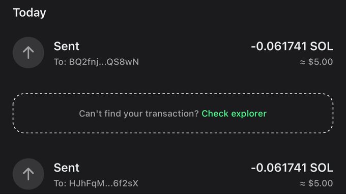 The image shows a crypto wallet transaction history displaying two "Sent" entries of -0.061741 SOL (≈ $5.00 each) to two different recipient addresses (BQ2fnj...Qs8wN and HJhFqM...6f2sX) under "Today," confirming the $5 SOL giveaway transfers mentioned in the post to winners @miracuzzy and @NoobSlayerKris.