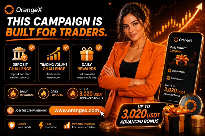 A promotional banner for OrangeX exchange featuring a woman in an orange blazer, advertising a "Daily Reward Campaign" built for traders with up to 3,020 USDT advanced bonus, including deposit challenge, trading volume challenge, and daily rewards, with the website www.orangex.com.
