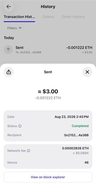 The screenshot displays a cryptocurrency wallet transaction history confirming a completed "Sent" transaction of ~$3.00 (0.001222 ETH) to address 0x2152...4a36B on Aug 23, 2026, with a small network fee of ≈ $0.0694. Pairing with the caption "Who is next," the image teases a successful ETH transfer—likely implying that another payout or send is being prepared for the next recipient.