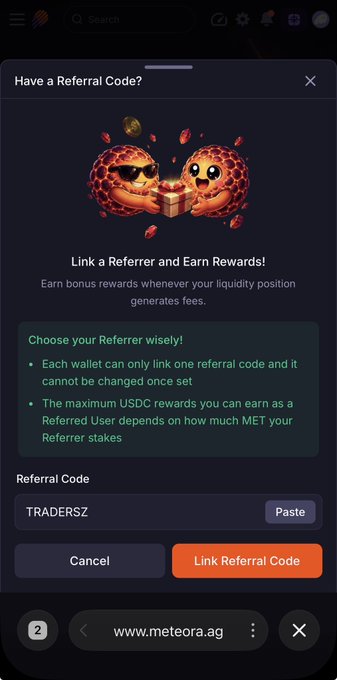 The image shows a "Have a Referral Code?" popup on Meteora's website (www.meteora.ag) prompting users to link a referral code "TRADERSZ" to earn bonus rewards on liquidity position fees. The popup explains that each wallet can only link one referral code, which must be set within a Streamflow contract context as referenced in the post.