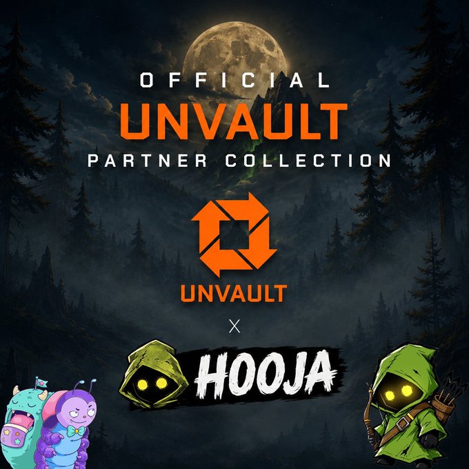A promotional banner for 'OFFICIAL UNVAULT PARTNER COLLECTION' featuring a dark forest and moon background, the Unvault and Hooja logos, and cartoon hooded characters.