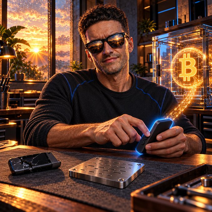 A man wearing sunglasses and a black shirt uses a smartphone at a desk, with a glowing golden Bitcoin symbol displayed on a device to his right.