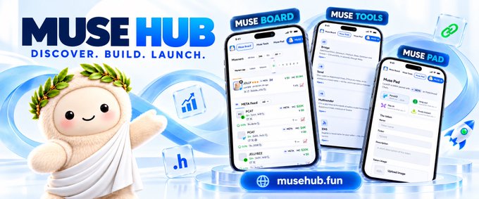 Promotional banner for 'Muse Hub' featuring a cartoon mascot wearing a laurel wreath alongside screenshots of the Muse Board, Muse Tools, and Muse Pad apps.
