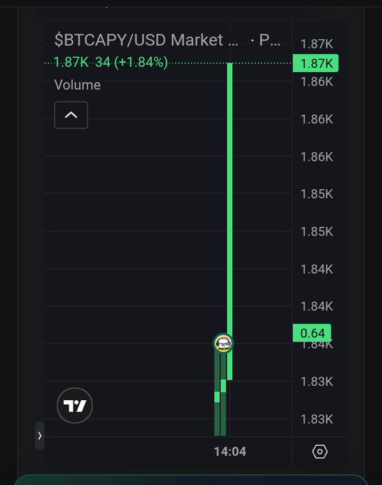 The image displays a smartphone screen with an interactive chart showcasing Bitcoin prices over time. The chart has a green line indicating the price, and it appears that a user can buy Bitcoins using this platform. Several options are available for the viewer to choose from, including "BTCAPY USD Market", "1.87K", "1.86K", and "1.85K". A user's Bitcoin balance can also be seen on the screen.