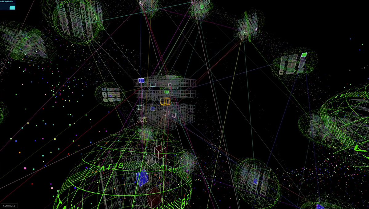 The image shows an advertisement for a new video game called "cypherdudes experience" that features a 3D rendering of a complex network of interconnected buildings and objects, including a house with a green roof. The game's title suggests that players will be immersed in a virtual world where they can interact with the entire ecosystem by using their characters to navigate through various locations within this intricate network.