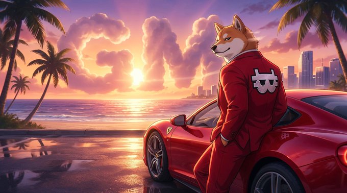 The image features a man dressed in a red suit standing next to a red sports car, with palm trees in the background. There are also some text elements present in the image that read "GM Winners! Turn gameplay into income today." The main focus of the image is on the man and his car, which seem to be the central subjects of this advertisement.