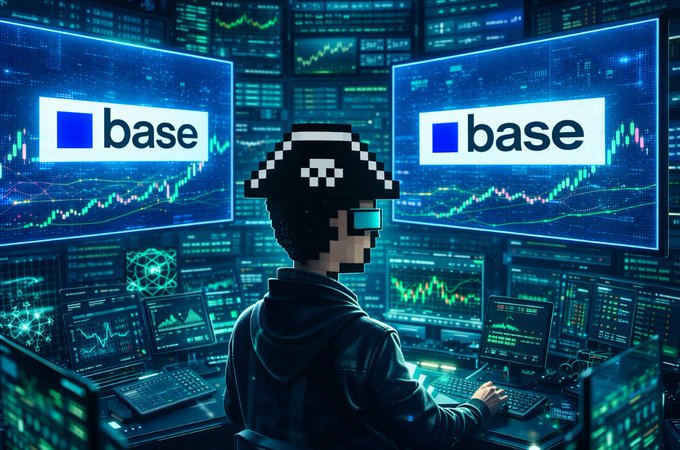 A digital illustration shows a person wearing a pixelated VR headset and glowing glasses, trading in front of dual monitors displaying the 'base' logo alongside candlestick charts and trading data.