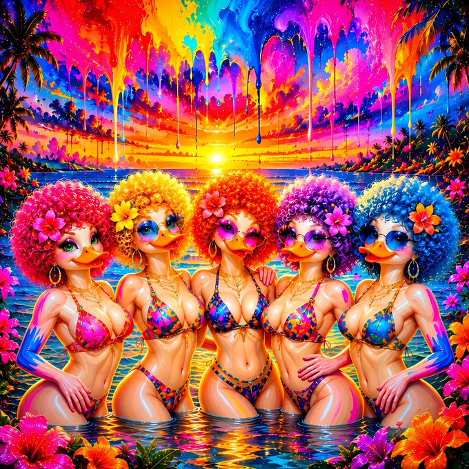 A vibrant, colorful digital artwork showing five anthropomorphic ducks with afros and sunglasses wearing bikinis, posed in water against a vivid sunset background with dripping paint effects.