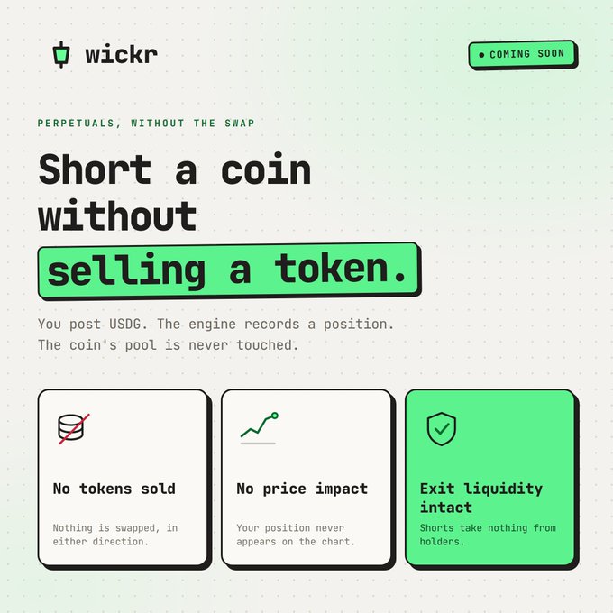 A promotional graphic for 'wickr' tagged 'COMING SOON' advertising the ability to 'Short a coin without selling a token' using USDG perpetuals without swaps, highlighting 'No tokens sold', 'No price impact', and 'Exit liquidity intact.'