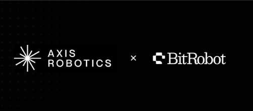 Minimalist black graphic announcing a partnership between Axis Robotics and BitRobot, displaying both company logos with an 'x' between them.