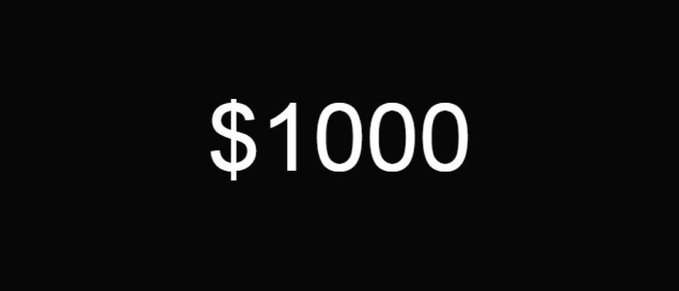 The image displays "$1000" in white text on a black background, visually emphasizing the prize amount advertised in the accompanying giveaway post promoting a $1,000 USDT crypto tip contest.
