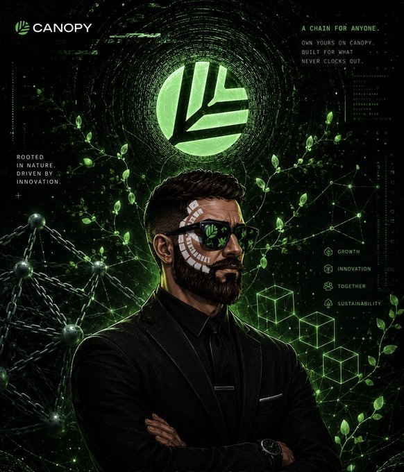 A promotional poster for 'CANOPY' cryptocurrency featuring a bearded man in sunglasses surrounded by green network and plant imagery, with text including 'ROOTED IN NATURE. DRIVEN BY INNOVATION.', 'A CHAIN FOR ANYONE', and values like 'GROWTH', 'INNOVATION', 'TOGETHER', and 'SUSTAINABILITY'.