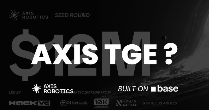 A graphic showing fundraising details for "AXIS ROBOTICS", featuring the text "AXIS TGE?", "SEED ROUND", "$12M", "BUILT ON base", and logos for participating investors.