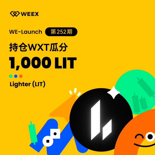 A yellow promotional graphic for 'WEEE' announces 'WE-Launch 第252期' featuring '特色WXT瓜分 1,000 LIT' for the 'Lighter (LIT)' cryptocurrency, with a stylized 'L' logo and colorful character illustrations.