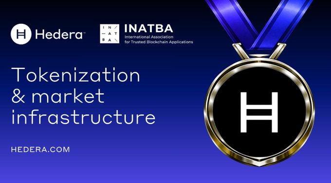 A promotional graphic for Hedera and INATBA featuring the text 'Tokenization & market infrastructure' and 'HEDERA.COM' next to a gold medal with the Hedera 'H' logo.
