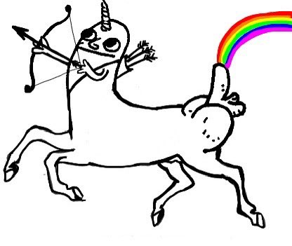 A whimsical black-and-white cartoon illustration of a unicorn-riding archer shooting a rainbow from its rear end.