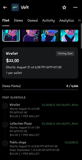 A mobile app screenshot for a collection called 'Volt' showing mint details including a Wirelist price of $22.00, start date August 31 at 6:00 PM GMT+01:00, 4,444 items total, and a mint schedule with Wirelist, Collection Phase, and Public stage phases.