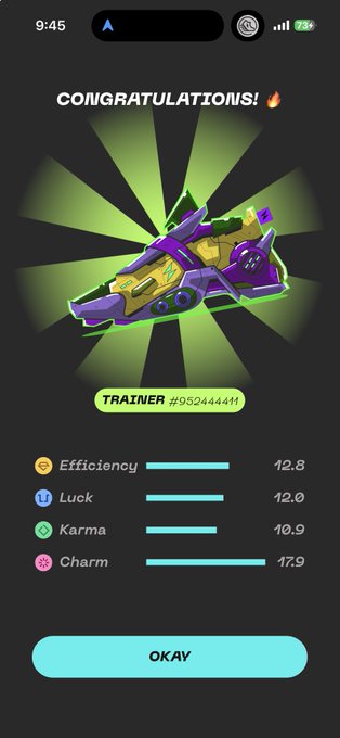 A mobile game 'Congratulations!' screen showing a spaceship reward with Trainer #95244411 stats: Efficiency 12.8, Luck 12.0, Karma 10.9, and Charm 17.9.