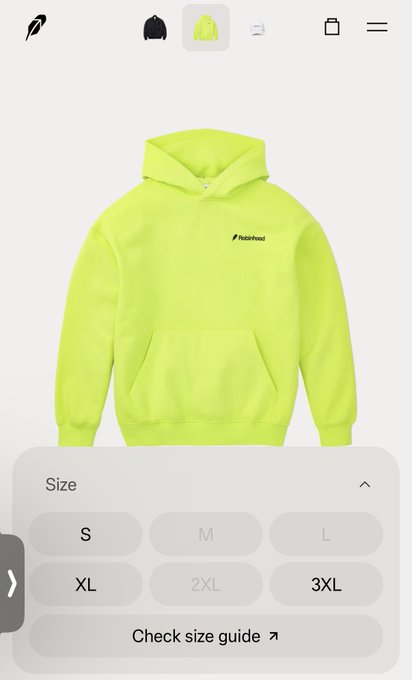 An online shopping page displays a neon yellow/green hooded sweatshirt with size selection options (S, M, L, XL, 2XL, 3XL) and a 'Check size guide' button.