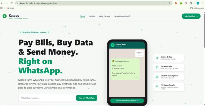 Kasapp's website landing page promoting its WhatsApp utility service with the headline "Pay Bills, Buy Data & Send Money. Right on WhatsApp," featuring a green phone mockup of the Kasapp Wallet interface with a balance display and buttons for Airtel & Data, Electricity Bills, Cable TV Subscriptions, and P2P Kaspa Transfer services.

The image directly illustrates the post's claim by showcasing how Kasapp integrates Kaspa's cryptocurrency infrastructure into a familiar WhatsApp interface, making crypto payments and everyday utility services accessible through simple chat commands.