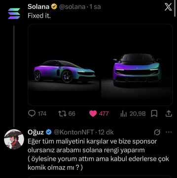 The image features two cars with different colors - one purple and one blue. They are displayed side by side against a black background. The caption of the image includes text that reads "C'mon, if you're ready, let' s head out, babe @solana". This message is posted on social media, possibly Twitter or Instagram, as indicated by the presence of a user's name and a hashtag (#solana).