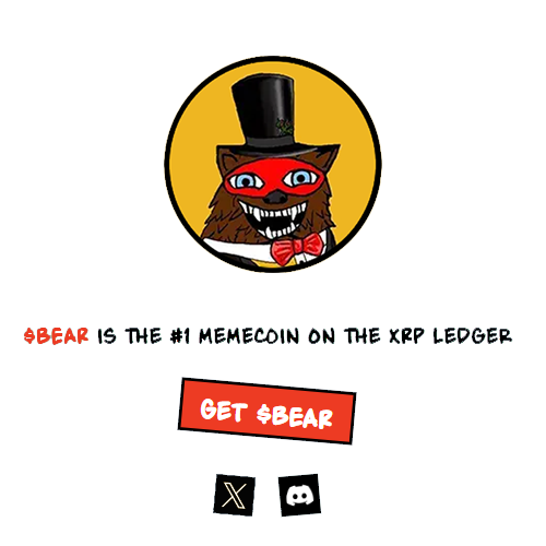 A promotional graphic features a top-hatted bear mascot with the text '$BEAR IS THE #1 MEMECOIN ON THE XRP LEDGER' and a 'GET $BEAR' button.