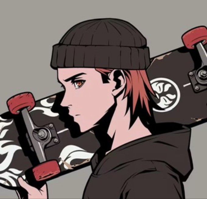 Anime-style illustration of a person with pinkish hair wearing a black beanie and hoodie, carrying a skateboard with flame designs on their shoulder.