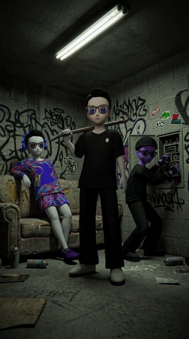 A 3D-rendered stylized scene in a graffiti-covered urban room featuring three characters: one in the center holding a stick, one seated on a couch in colorful clothing and headphones, and another in dark clothing interacting with a wall panel.