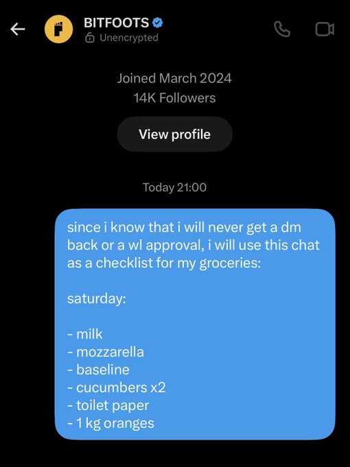 Telegram message from BITFOOTS (joined March 2024, 14K followers) listing a grocery checklist for Saturday: milk, mozzarella, baseline, cucumbers x2, toilet paper, 1 kg oranges.