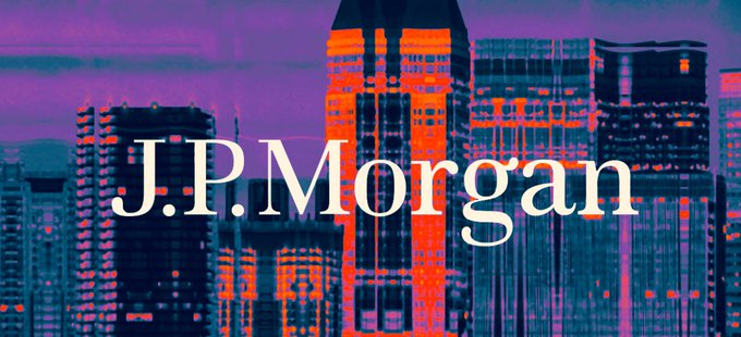 The image displays the "J.P. Morgan" name in white serif text overlaid on a stylized purple and orange cityscape featuring illuminated skyscrapers at night. The graphic relates to the post by visually branding the JPMorgan analysis referenced in the article, where the firm's analysts weigh in on the potential impact of the Clarity Act on crypto markets.