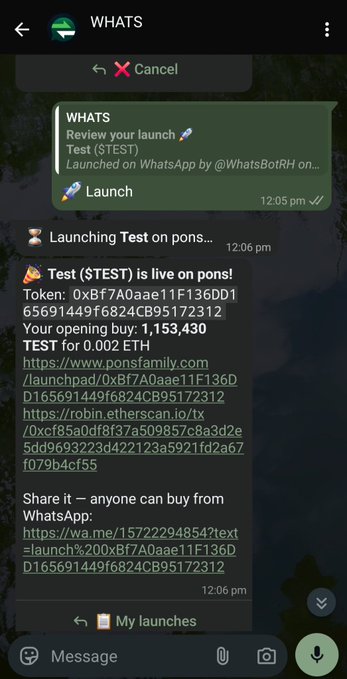 A WhatsApp chat screenshot shows a bot announcing 'Test ($TEST) is live on pons!' with a token address starting '0xBf7A0aae11F136D...', an opening buy of 1,153,430, and a link to ponsfamily.com.