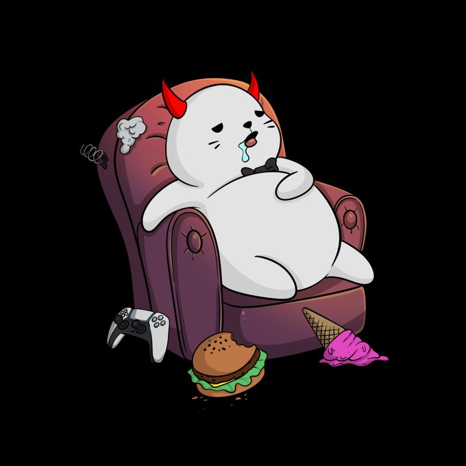 A cartoon illustration of a fat, lazy-looking devil cat sleeping in a purple armchair, surrounded by snacks and a game controller.