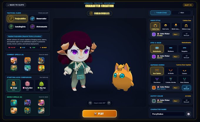 A video game character creation screen titled 'LUNACIA: TACTICAL ADVENTURE CHARACTER CREATION' showing a horned character named 'Percyfranks' with various customization options like hair, eyes, and equipment.