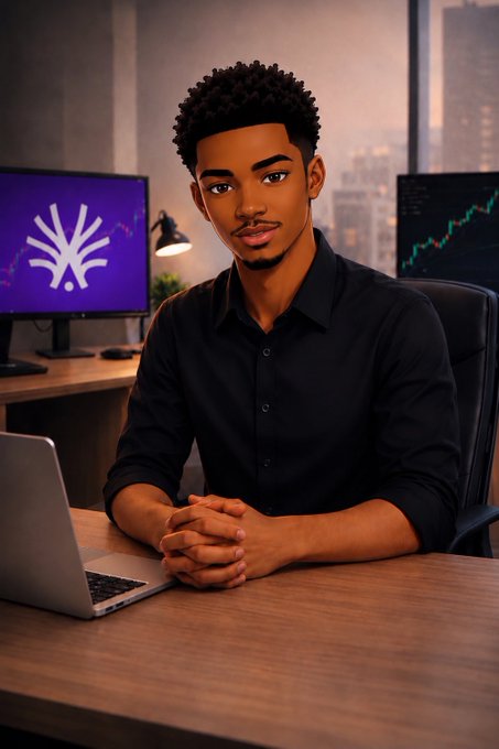 A Pixar-style 3D rendering of a young Black man in a black shirt sitting at a desk with a laptop, with two monitors behind him displaying a logo and a green financial chart.