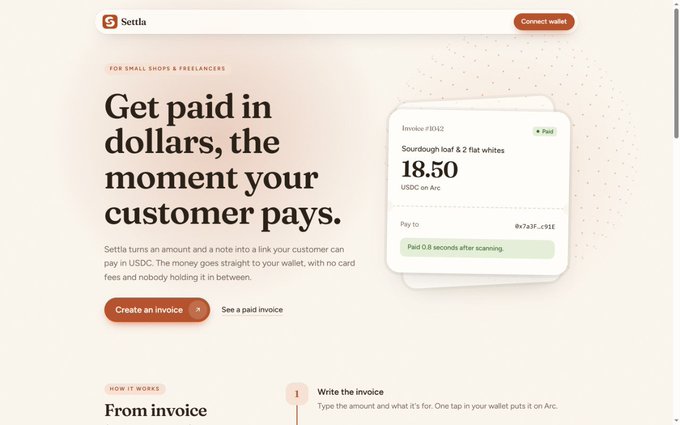 A landing page for Settla showing 'Get paid in dollars, the moment your customer pays,' featuring an invoice card for 18.50 USDC paid to an Arc wallet in 0.8 seconds, with options to create an invoice or connect a wallet.