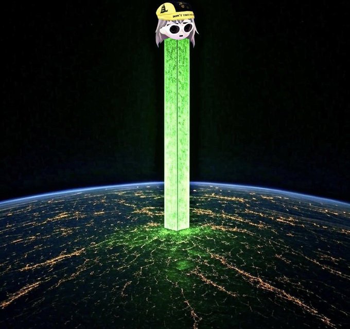 A surreal image shows an anime-style character wearing a yellow "DON'T TREAD" cap atop a towering green obelisk that descends from space onto Earth at night, illuminating a green-glowing region beneath it. The towering pillar symbolizes the relentless, larger-than-life effort of "bagworking" the coin, reflecting the post's message of persistence until reaching 100,000 supporters.