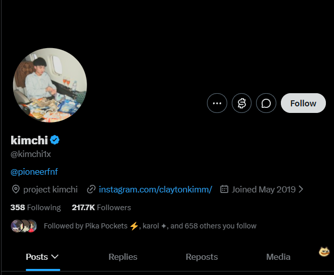 A screenshot of Kimchi’s (blue check), X profile, showing “@kimchi1x,” “@pioneerfnf,” 358 following, 217.7K followers, and a link to “instagram.com/claytonkimm/.” It appears in a post criticizing Kimchi’s removal of @Pumpfun from his bio, deleted replies, and a reportedly deleted rug repost amid Pumpfun selling 14M $SOL, bringing the total to $875M as SOL fell to $103.