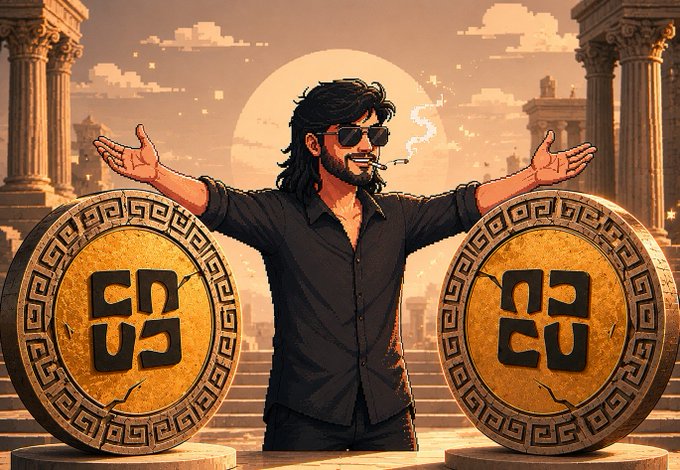A pixel-art man with sunglasses stands triumphantly between two massive golden Nomisma coins set against a classical Greek temple backdrop, visually embodying the "building infrastructure instead of hype" theme by presenting Nomisma as monumental, timeless, and foundational.

Key elements: "Nomisma" branding on coins, classical Greek columns and architecture.